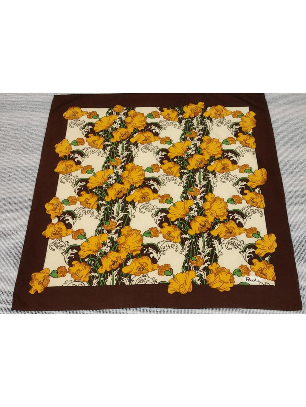 Vintage 1970s Paoli Scarf Mustard Flowers Brown Polyester Men's Disco Funky 70s